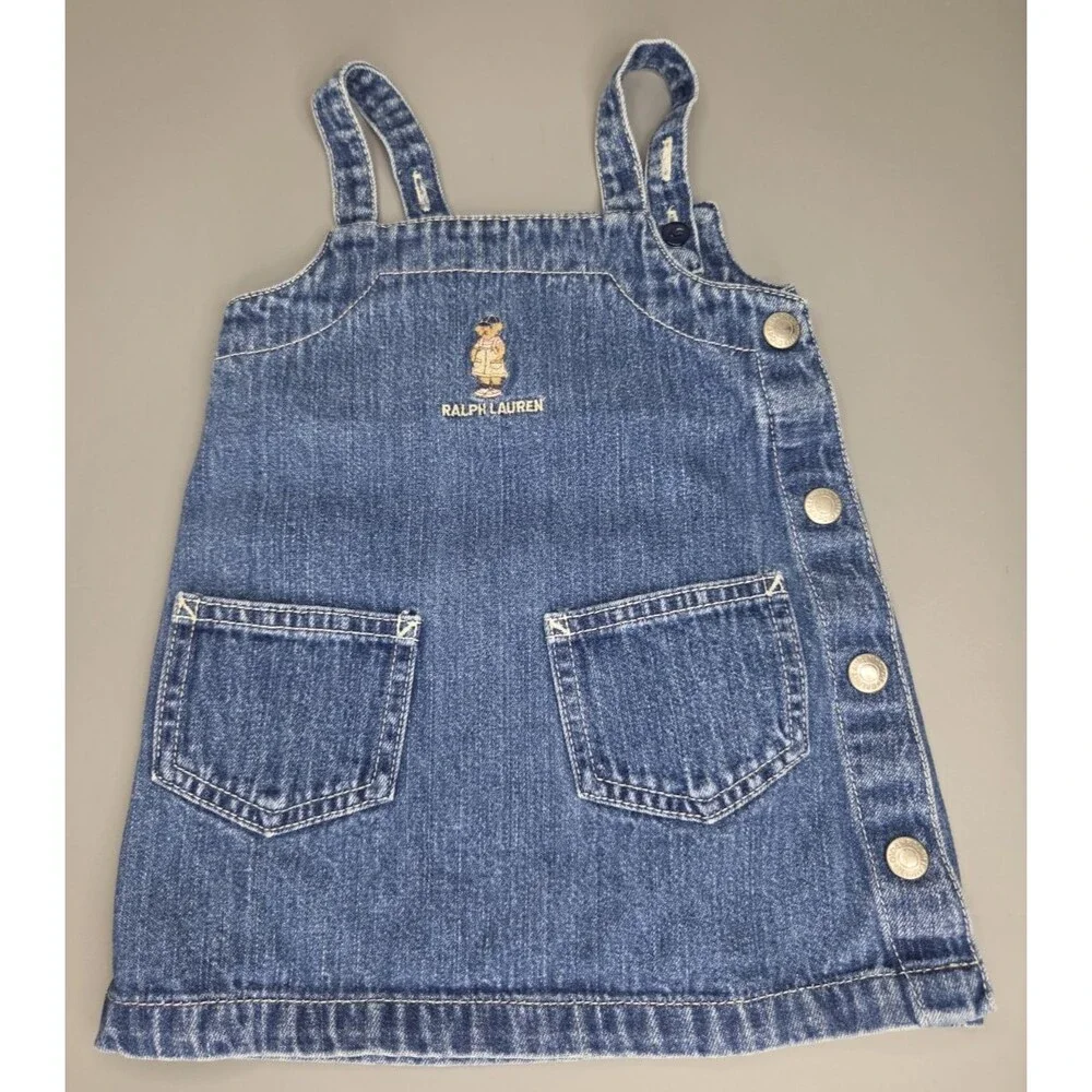 Vtg Ralph Lauren Infant Girls 6-12 Month Denim Jumper Dress Polo Bear Y2K